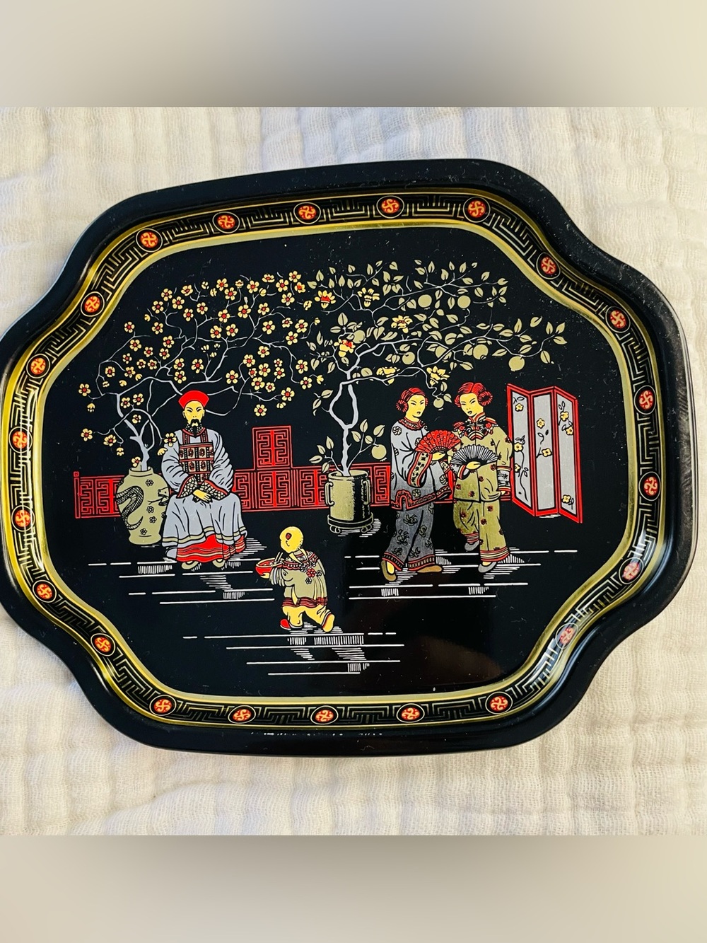 Vintage Tin Trinket Tray Featuring Asian Garden Scene - Elite Trays England 7.5”
